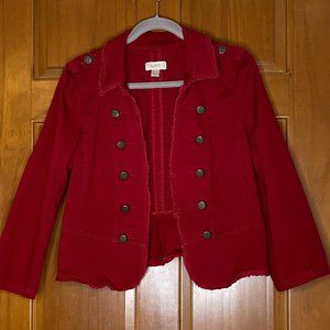Red military style jacket with fun details.